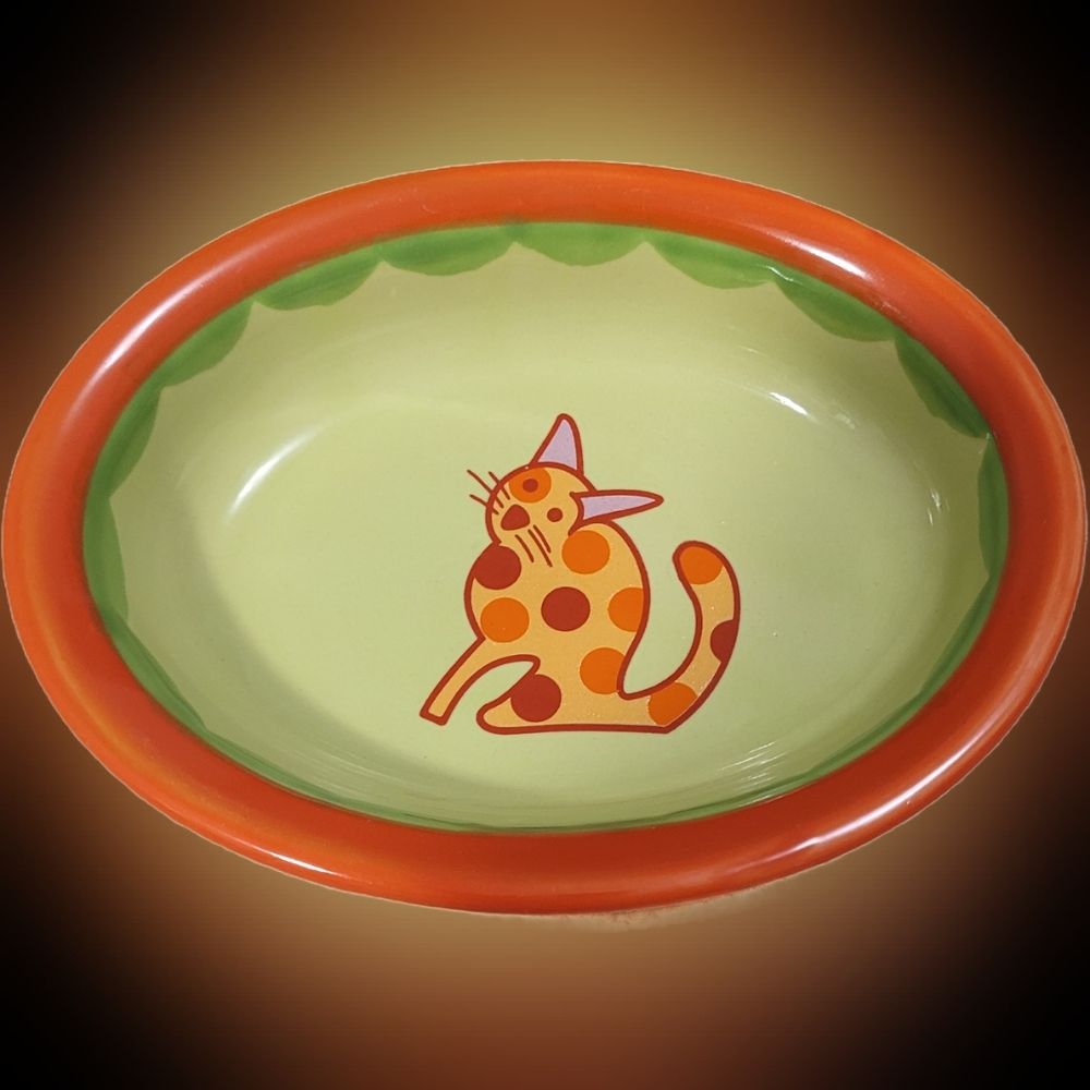 Colorful Cat Bowl with Orange and Green Design